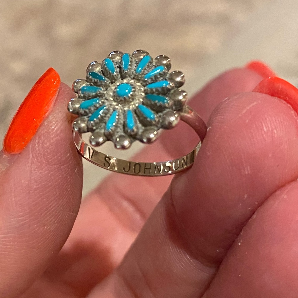 Vintage Native American Squash blossom ring, genuine turquoise, sterling silver - Picture 2 of 5